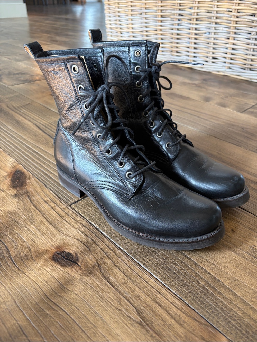Frye Veronica Black Leather Lace-Up Combat Boots